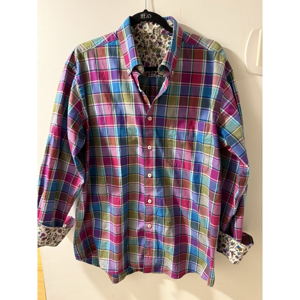 Alan Flusser‎ Shirt Men Lg Multi Checked Floral Flip Cuff Button Up Long Sleeve